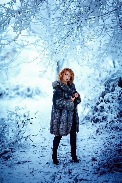 Chica de invierno en abrigo de piel de lujo — Foto de Stock