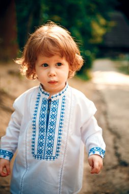 Ukraynalı bir yaşındaki çocuk atlar ve mutlu bir park açık havada oynar. Komik küçük çocuk. Yaz saati.