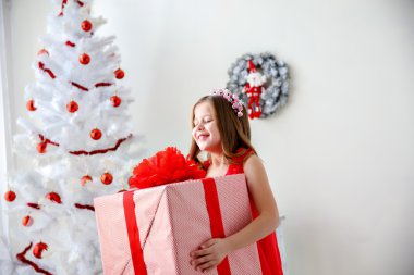 Noel hediyesi ile küçük şirin kız portresi. Seçici odak ile vurdu.