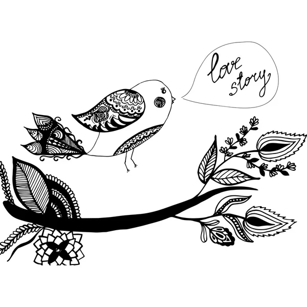 Hand dras bröllop mall med fågel i doodle stil. — Stock vektor