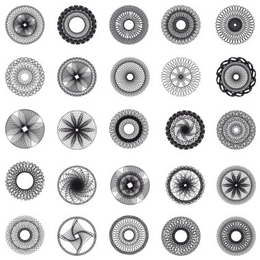 Set of spirograph elements. 25 vector spirographs. Round symbols set.