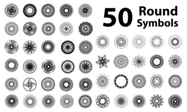 Set of spirograph elements. 50 vector spirographs. Round symbols set.