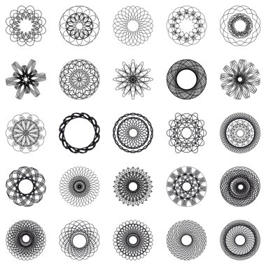 Set of spirograph elements. 25 vector spirographs. Round symbols set.