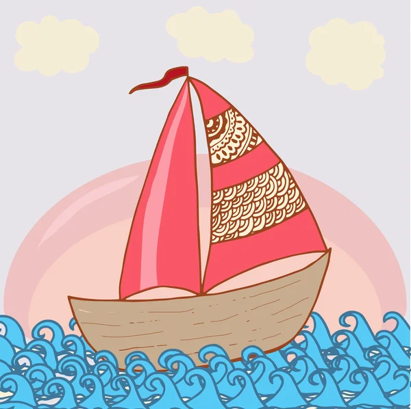 Modelo de cartão náutico. Cartão de mar desenhado à mão com navio . — Vetor de Stock