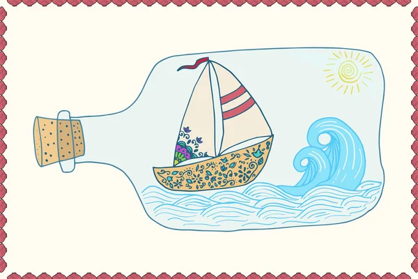Plantilla de tarjeta náutica. Tarjeta de mar dibujada a mano con barco . — Archivo Imágenes Vectoriales