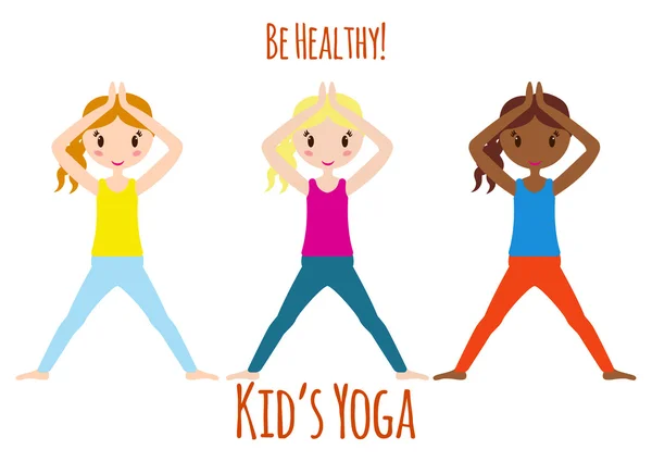 Yoga çocukları seti. Sağlıcakla. Çocuklar için beden eğitimi. Çocuklar için jimnastik. Vektör illüstrasyonu.