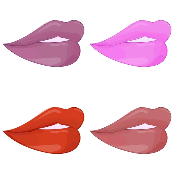 Conjunto de vectores de labios dulces y sexy. Hermosos labios de mujer con lápiz labial rojo, marrón, rosa y púrpura. Labios sexy. Dulce y sexy maquillaje de labios — Vector de stock