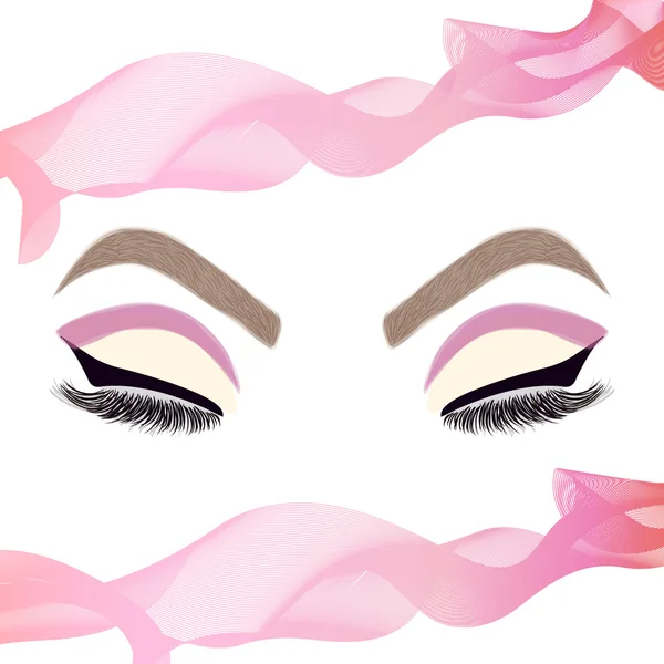 Woman eyes with fashion make-up. Fashion eye makeup. Beauty salon logo. Pink ribbon. — Stock Vector