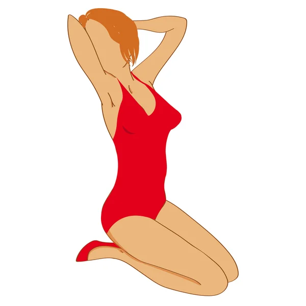 Mooie pin-up meisje in de rode badmode. Pin-up vrouw in sexy pose. Vectorillustratie. — Stockvector