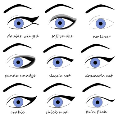 Vektör illüstrasyon. Kadın makyaj yapar. Öğretici tasarım makyaj. Eyeliner şemaları.