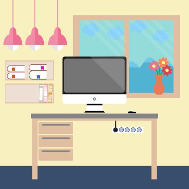 Düz tasarım illüstrasyon. Odada modern işyeri. Düz tarzda işyeri. Vektör çizimi.