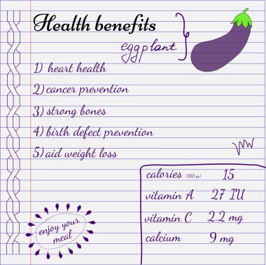 Patlıcan sağlık yararları. Beslenme gerçekler. Çizilmiş sağlık yararları el.