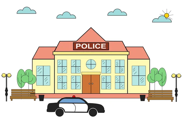 Линейный (плоский) полицейский участок. Линейный полицейский участок с полицейской машиной, скамейками, деревьями и фонарями — стоковый вектор