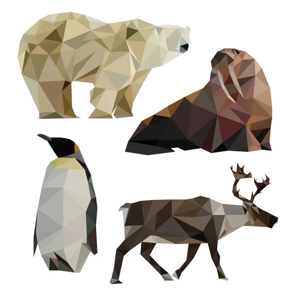 Polarpolygon-Tiere. Low-Poly-Eisbär. Low Poly Pinguin. Niederpoly-Hirsche. Low-Poly-Walross. — Stockvektor