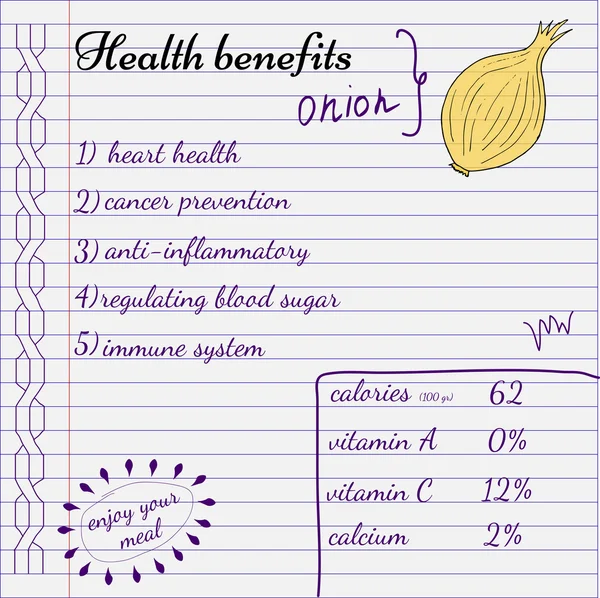 Beneficios para la salud de la cebolla. Datos nutricionales. Beneficios de salud extraídos a mano . — Vector de stock