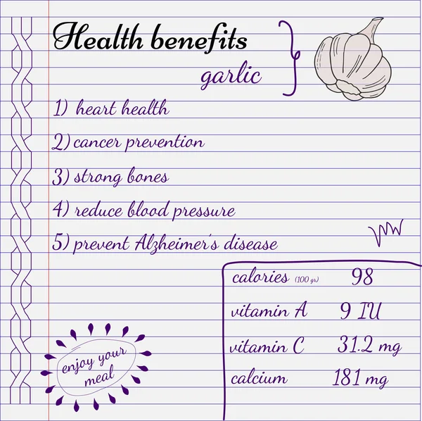 Gezondheidsvoordelen van knoflook. Voeding feiten. Hand getekende gezondheidsvoordelen. — Stockvector