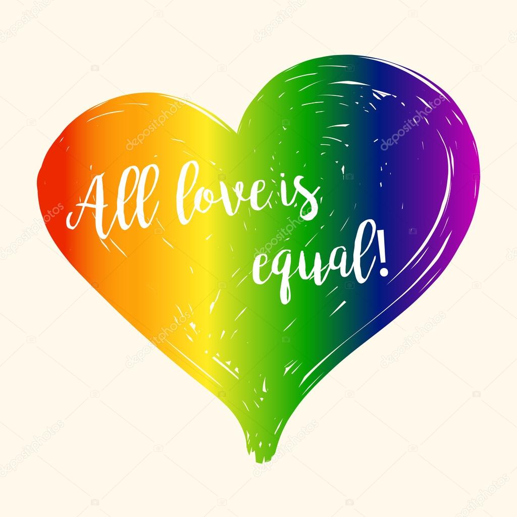 All love is equal. Rainbow heart. Conceptual design for greeting card, logo, label, banner or clothing design. Gay and lesbian support symbol. LGBT theme. Vector illustration.