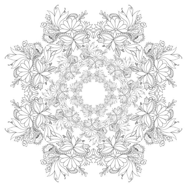 Mandala van zwart-wit met bloemen en bladeren. Kleurboek. — Stockvector