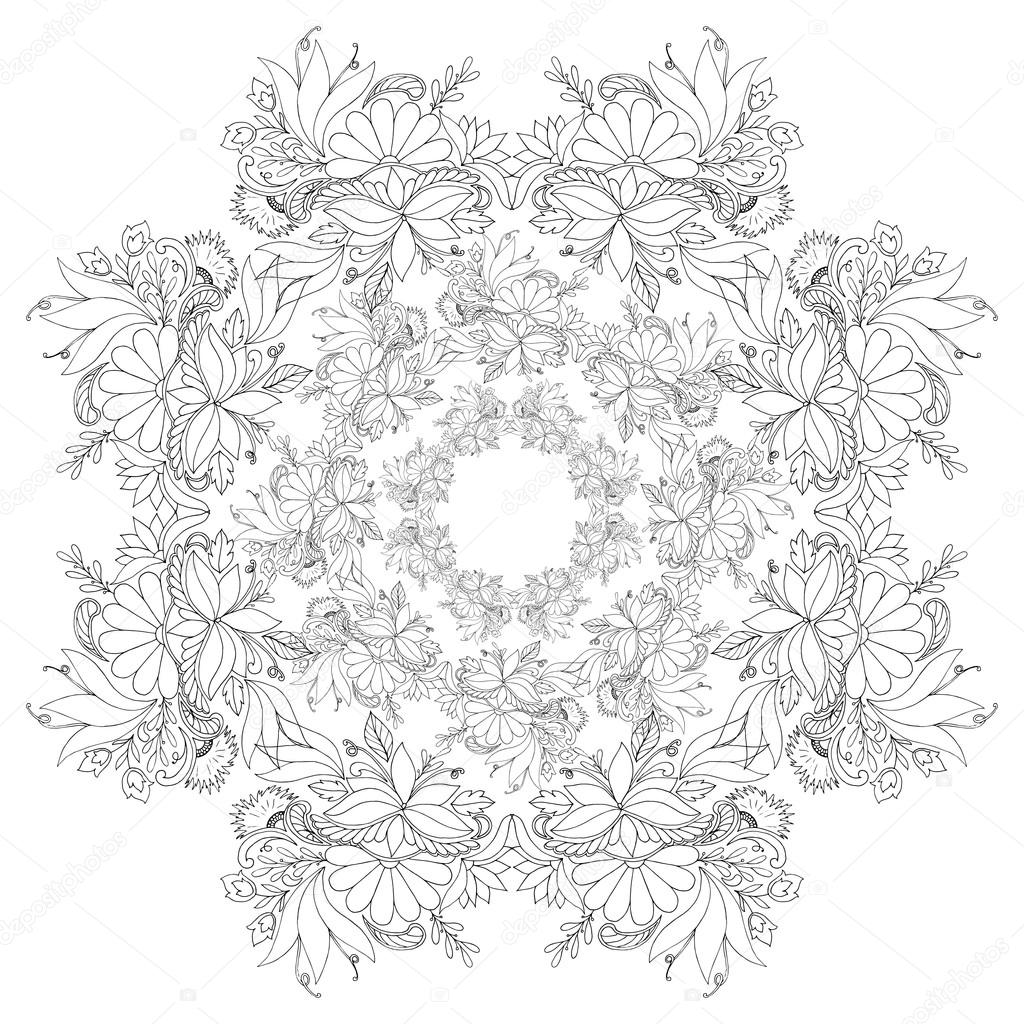 Mandala in bianco e nero con fiori e foglie Libro da colorare — Vettoriale Stock