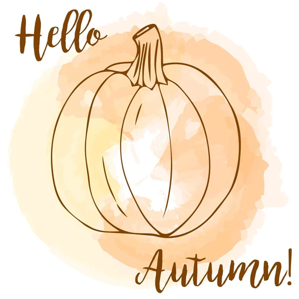 Hola tarjeta de felicitación de otoño. Calabaza de contorno en el fondo de acuarela vector . — Vector de stock