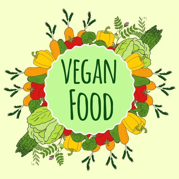 Etiquetas de productos veganos. Marco vegetal. Fiesta de la cosecha. Concepto de mercado, menú, embalaje . — Vector de stock