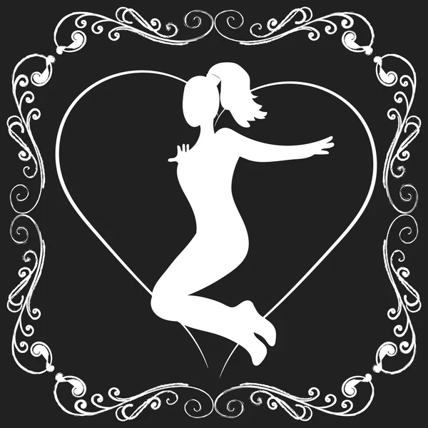 Logotipo da ginástica. Saltando silhueta mulher no quadro . — Vetor de Stock
