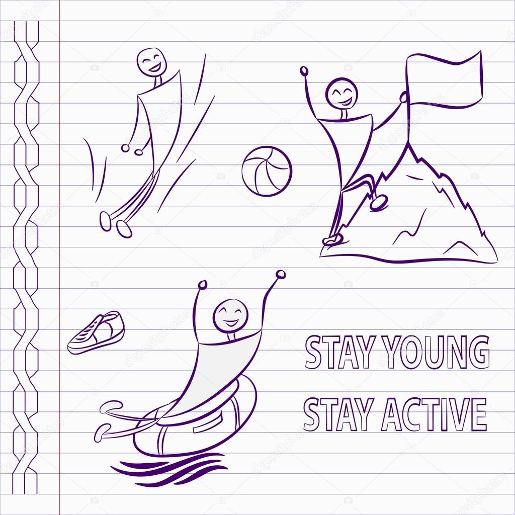 Hand drawn sports icons. Jumping, climbing, aqua park. Stay young, stay active. Active sports icons.