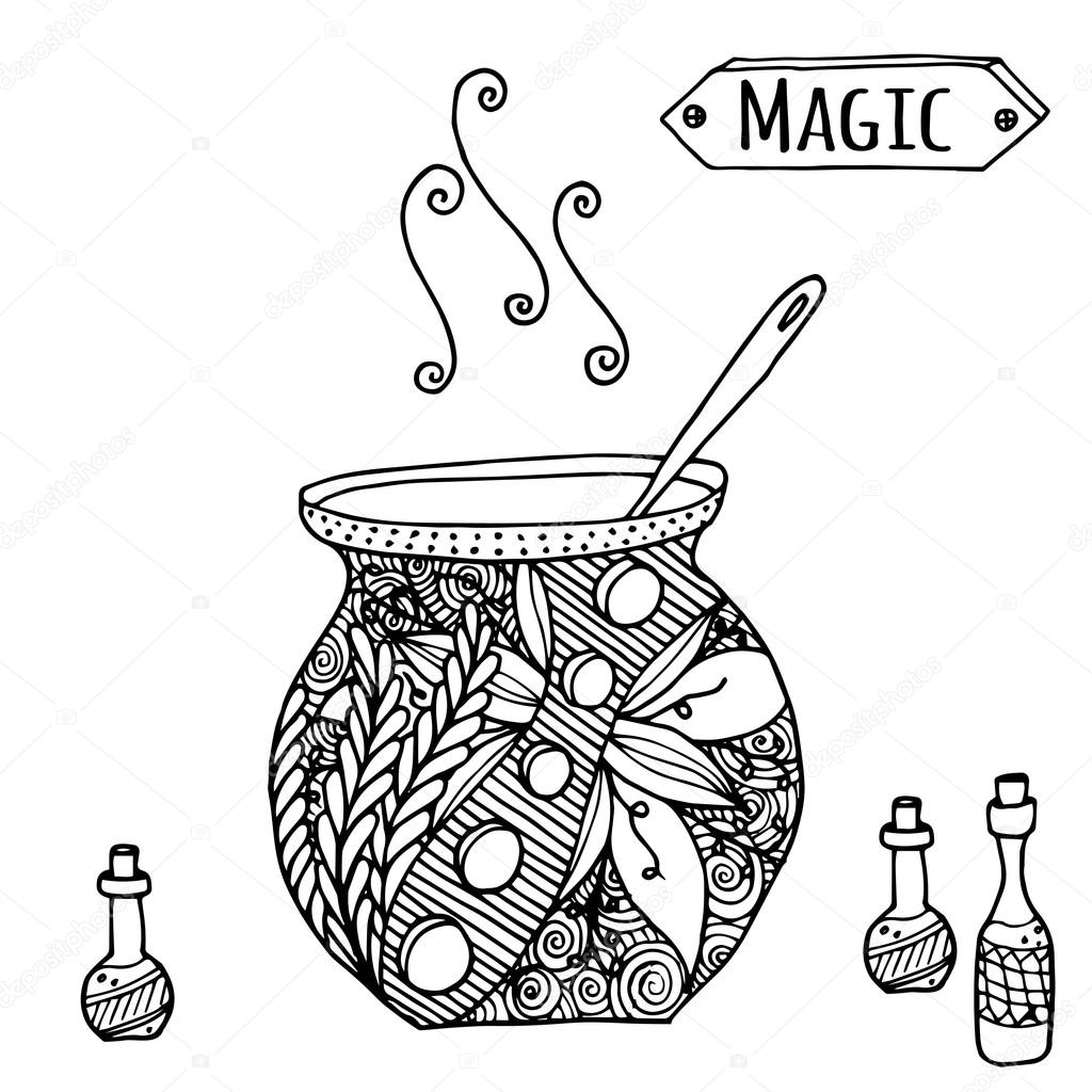 Hand drawn magic pot in doodle style. Hand drawn bottle. 