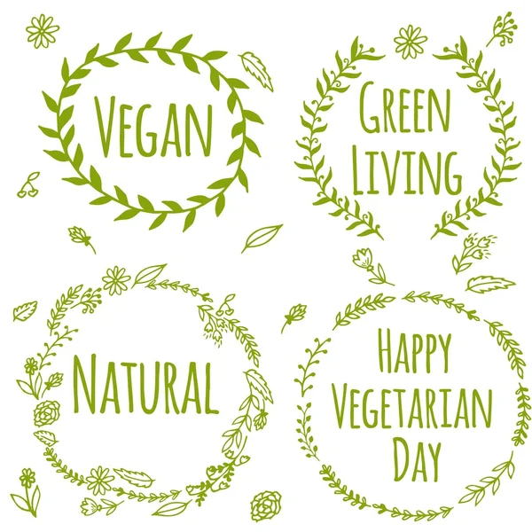 Set de etiqueta de producto vegano. Día Mundial Vegetariano. Marcos rústicos dibujados a mano con flores y hojas . — Vector de stock