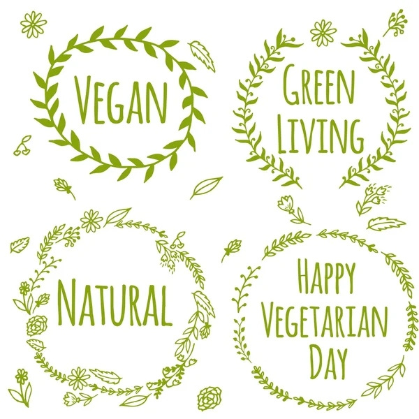 Vegan ürün etiket kümesi. Dünya vejetaryen günü. Elle çizilmiş rustik çiçeklerle çerçeveler ve yaprakları.