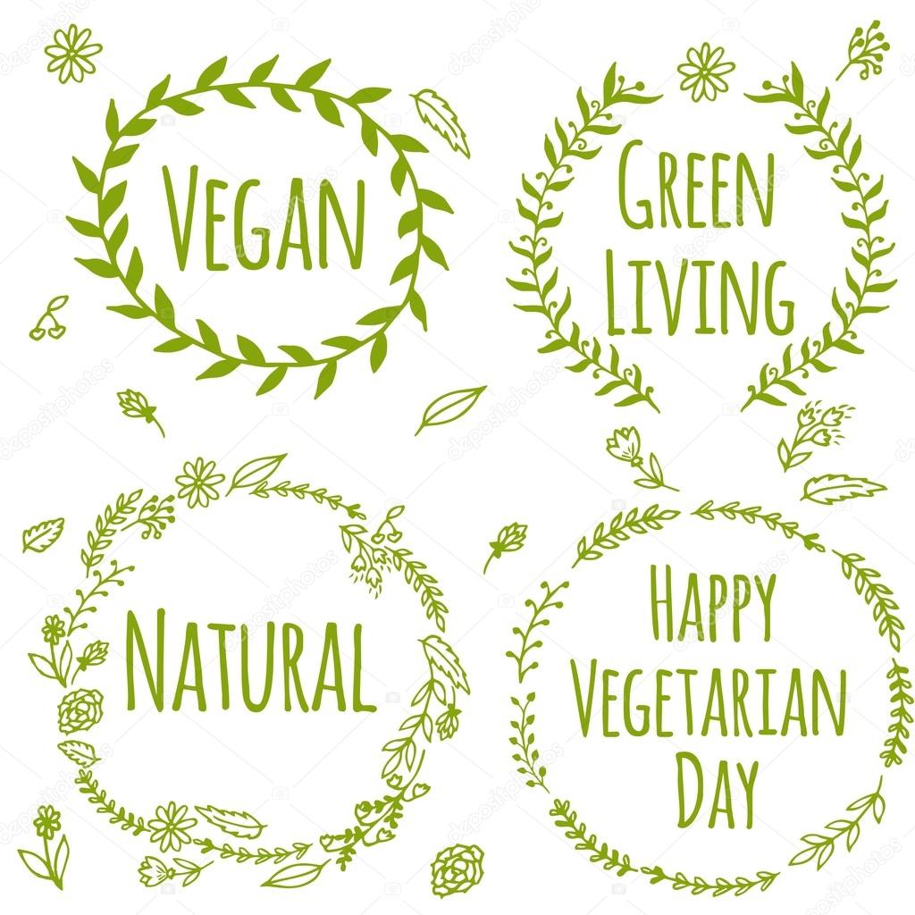 Set of vegan product label. World vegetarian day. Hand drawn rustic frames with flowers and leaves.
