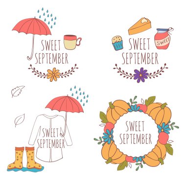 Elle çizilmiş kartı kabak, elma ve yaprakları, şemsiye ve yağmur, yağmurluk, kauçuk ile dizi izole üzerinde beyaz arka plan çizme. Eylül. Tatlı Eylül.