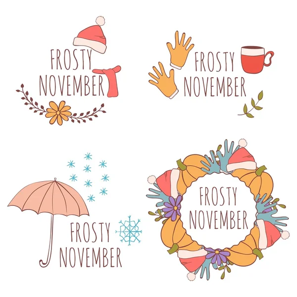Set van hand getrokken kaart met parasol en sneeuwvlokken, gebreide handschoenen en warme drank geïsoleerd op een witte achtergrond. November. Frosty november. — Stockvector
