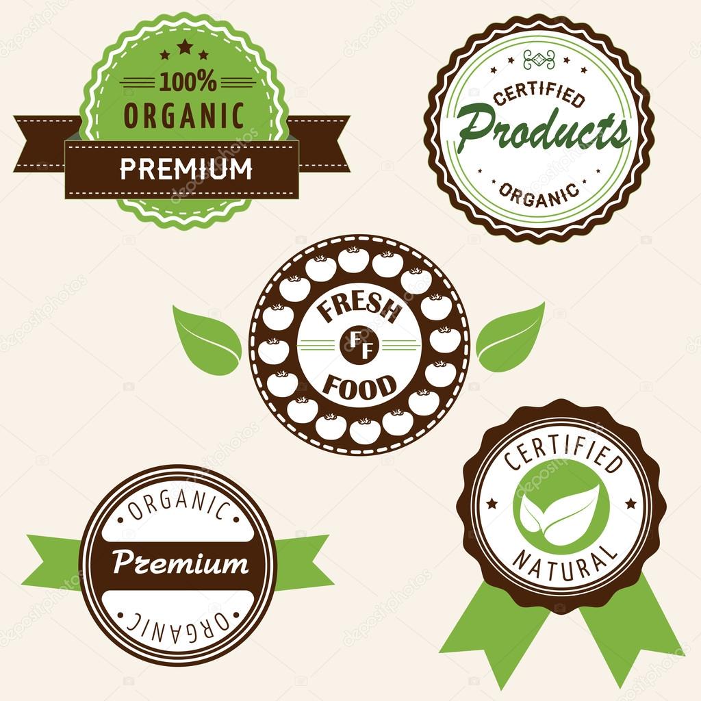 Organic food labels and elements, set for food and drink, restaurants and organic products vector illustration.