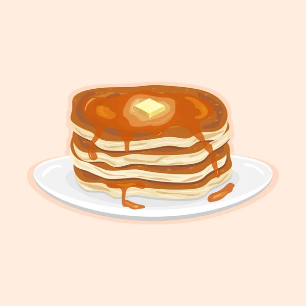 Pancake Amerika lezat untuk sarapan dengan mentega dan madu di piring putih dengan latar belakang cahaya - Stok Vektor