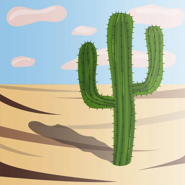 En grön kaktus i öknen med törnen och en skugga står på sanden mot den blå himlen — Stock vektor
