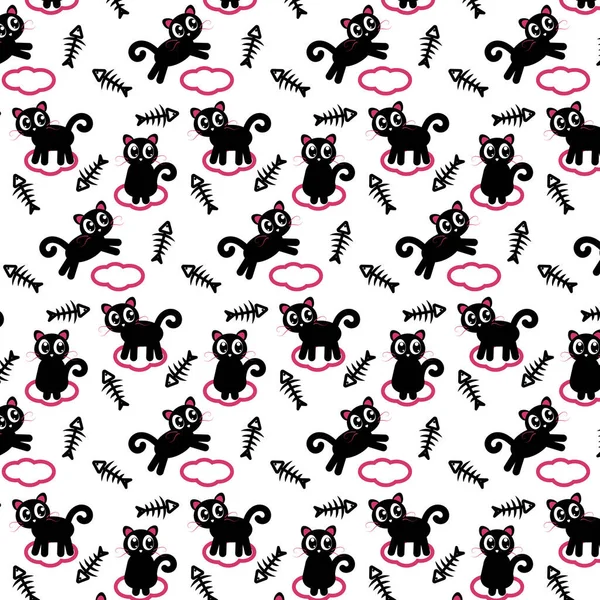 Padrão com gatos pretos em uma nuvem rosa com esqueleto de peixe Ilustrações De Stock Royalty-Free