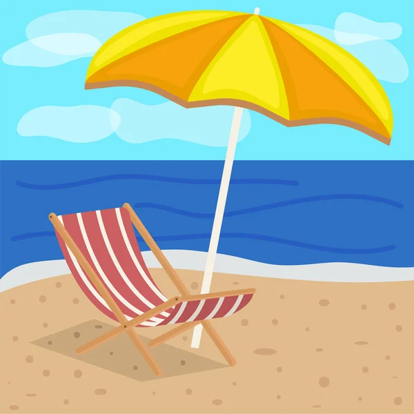 Guarda-chuva de praia e espreguiçadeira na praia com areia no fundo do mar e do céu Ilustração De Stock
