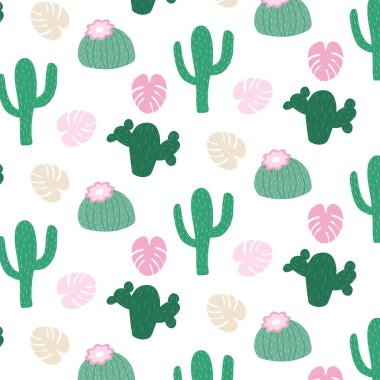 Farklı yeşil kaktüsleri ve yaprakları olan kusursuz bir desen.