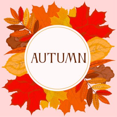  Beyaz bir dairede yapraklar ve harflerle sonbahar illüstrasyonu