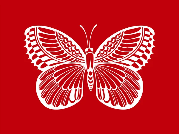 Motivo Mariposa Mariposa Blanca Aislada Sobre Fondo Rojo — Archivo Imágenes Vectoriales