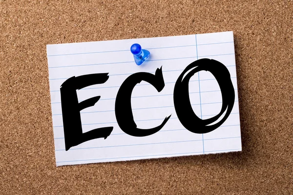 ECO - teared note paper pinned on bulletin board — Stock Photo, Image