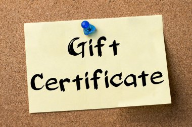 Hediye sertifikası - yapışkanlı etiket bulletin board tutturulmuş.