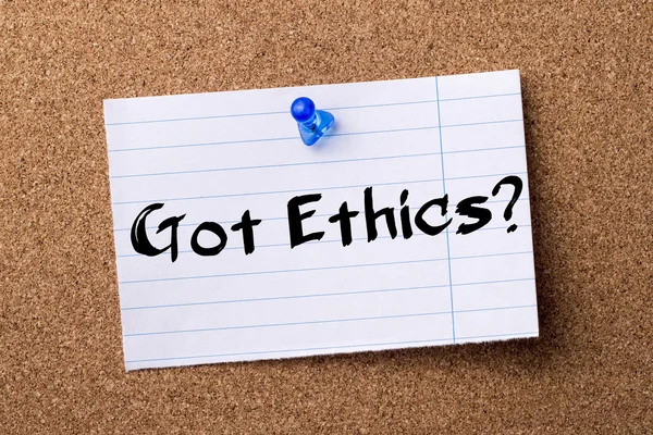 Got Ethics? - teared note paper pinned on bulletin board — Stock Photo, Image