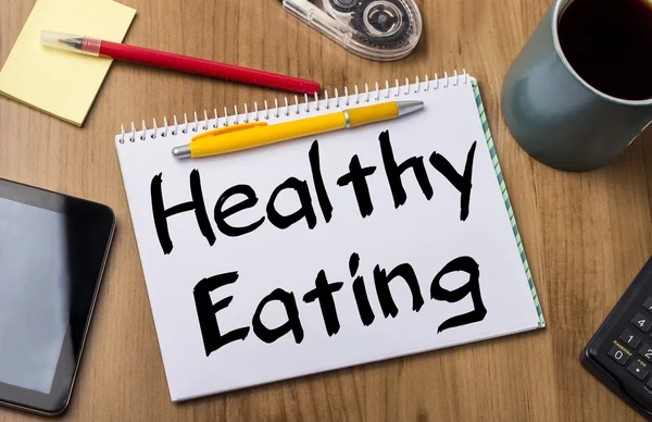 Zdrowe odżywianie - Uwaga Pad z tekstem — Zdjęcie stockowe