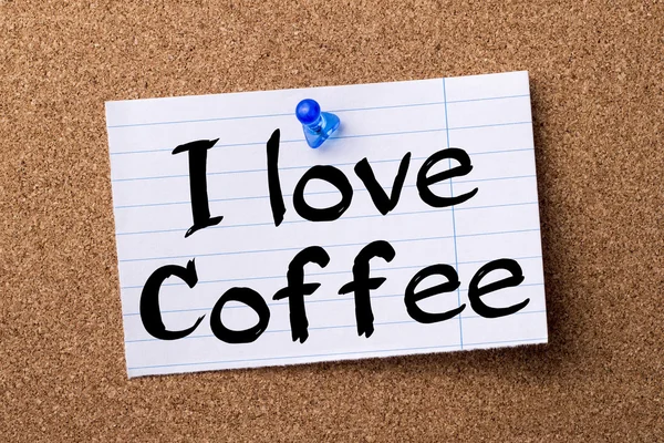 Eu amo café papel nota rasgado fixado no quadro de avisos — Fotografia de Stock
