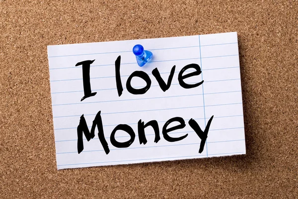 Kocham pieniądze - bilbordu notatka papier przypięte na tablicy ogłoszeń — Zdjęcie stockowe
