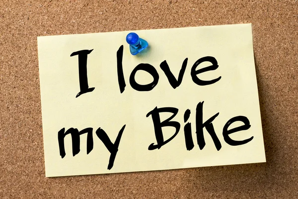 I love my Bike - adhesive label pinned on bulletin board — Stock Photo, Image
