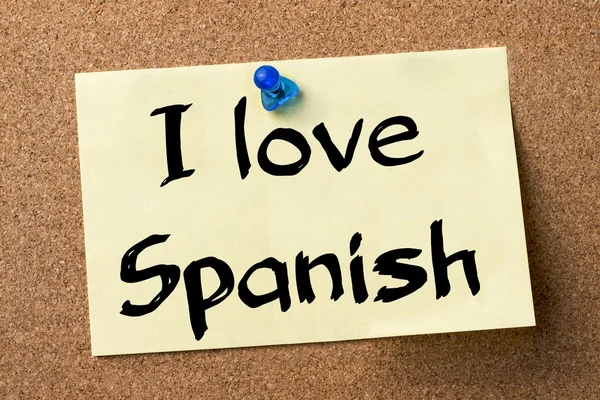 Μου αρέσει το Ισπανικά - αυτοκόλλητη ετικέτα καρφιτσωμένες στον πίνακα ανακοινώσεων — Φωτογραφία Αρχείου