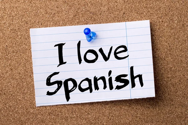 Me encanta el español - papel de nota desgarrado clavado en el tablón de anuncios — Foto de Stock